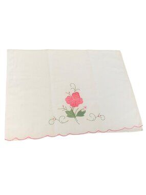 Vintage Floral Embroidered Applique Hand Towel Pink Scalloped Edge